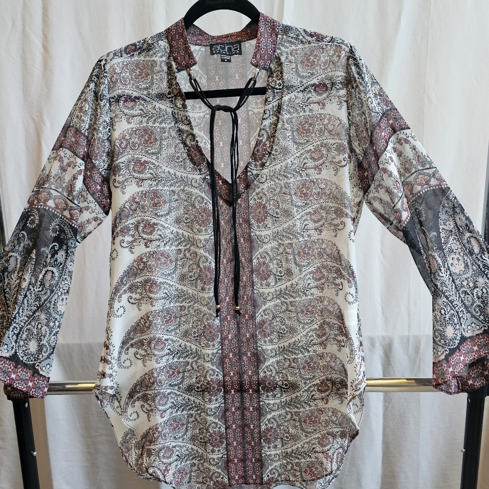Paisley Sheer Blouse with Tie Neck Pink Black
